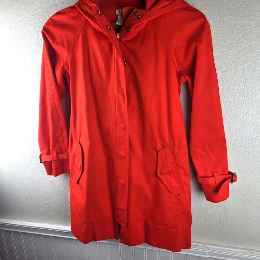 Women's J.Crew Bright Orange Winter Raincoat Hooded Jacket Size 00/XXS